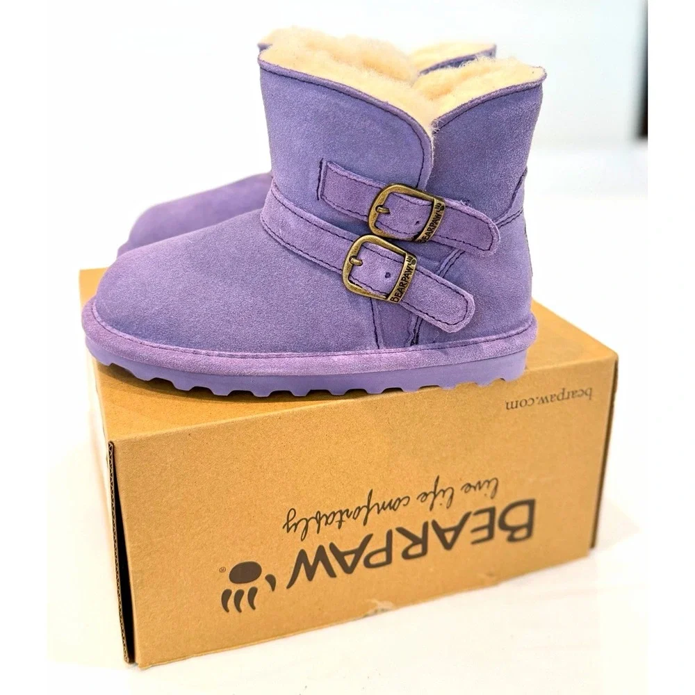 BEARPAW Katya Toddler Suede Faux Fur Lined Ankle Booties Buckle US 10 Fur lined